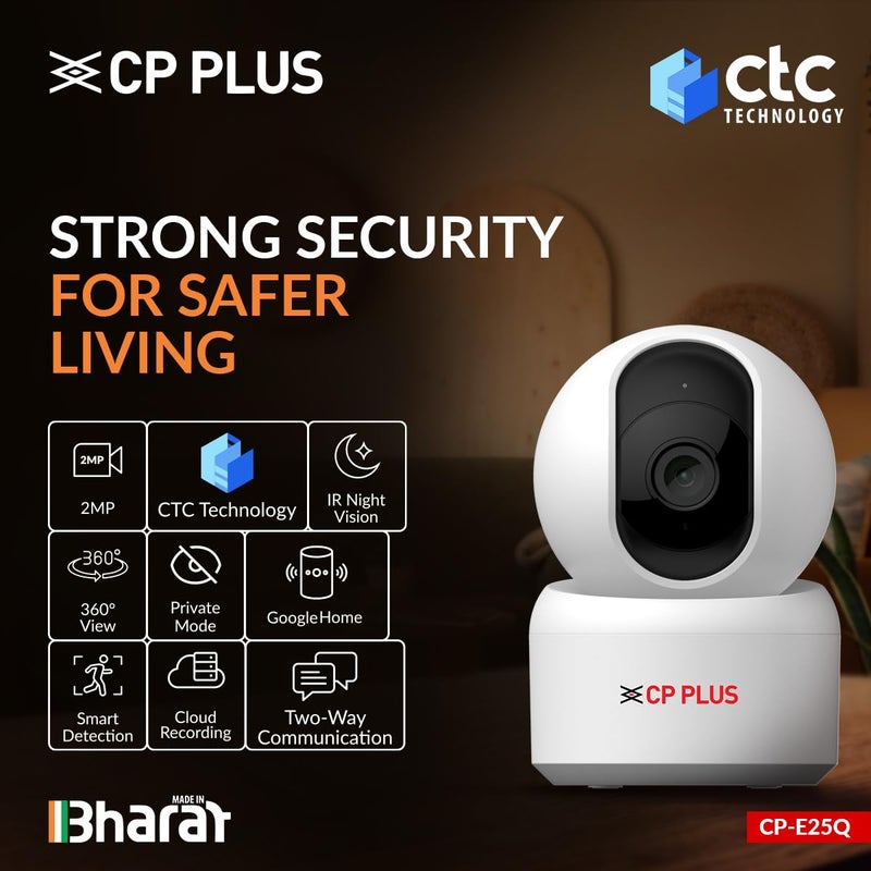 CP PLUS كاميرا CCTV بدقة 2 ميجابكسل عالية الدقة مع واي فاي للمنزل مع تتبع الحركة | كشف الإنسان والصوت | رؤية ليلية بالأشعة تحت الحمراء | تسجيل سحابي | عرض وتحدث | أليكسا وجوجل هوم | حماية CTC سيبر سكيور | CP-E25Q - Image 2