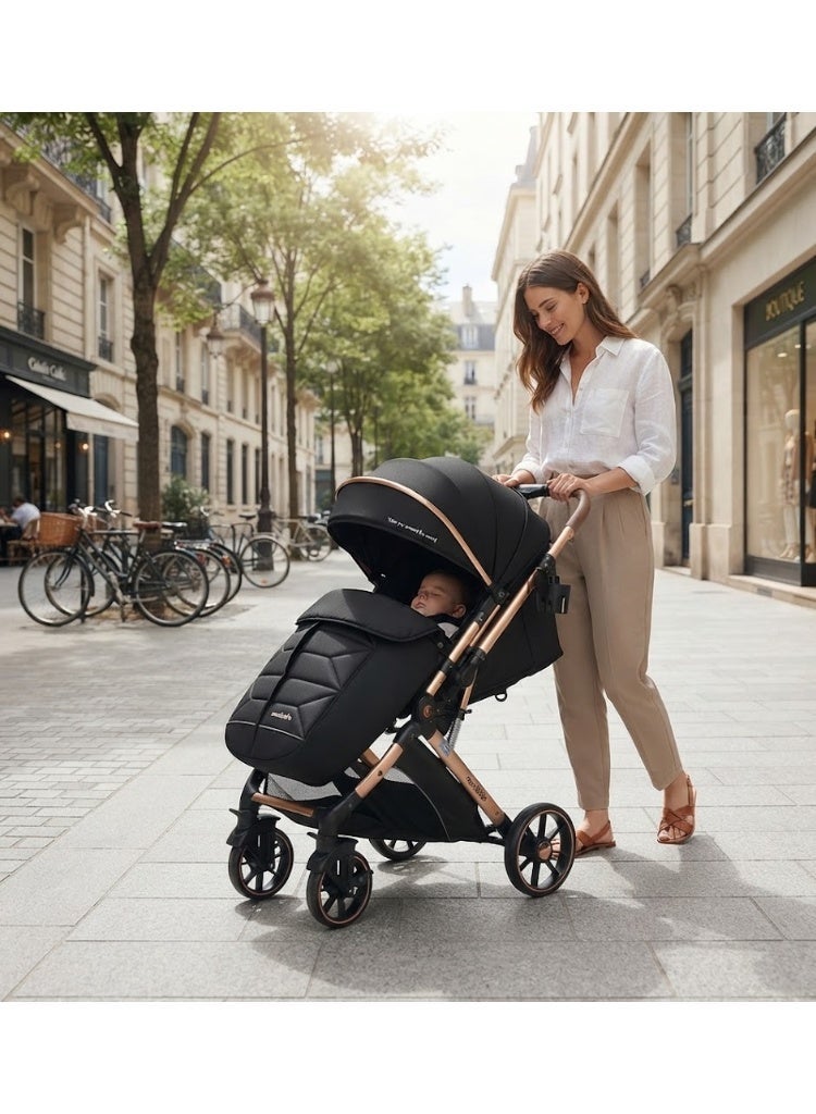 Kidilo 6600 F Stroller | Baby Stroller 6600 F | Foldable Baby Stroller | Luxury Baby Stroller | Modern Baby Stroller | Lightweight Baby Stroller | Travel Baby Stroller | Multi-Position Baby Stroller | Reclining Baby Stroller | Black Baby Stroller | Black & Gold Baby Stroller | Portable Baby Stroller | Adjustable Baby Stroller | Comfortable Baby Stroller | Practical Baby Stroller | Easy Fold Baby Stroller | Baby Stroller for Shopping & Outings | Baby Stroller for Sleeping & Sitting | Stylish Baby Stroller | Premium Baby Stroller - Image 1