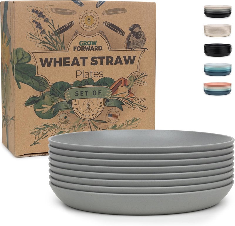Grow Forward Premium Wheat Straw Dessert Plates  8 Inch Reusable Hard Plastic Plates Set of 8  Unbreakable Microwave Safe Plates for Dinner Camping RV Outdoors Patio Kitchen Dishes  Feather - Image 1