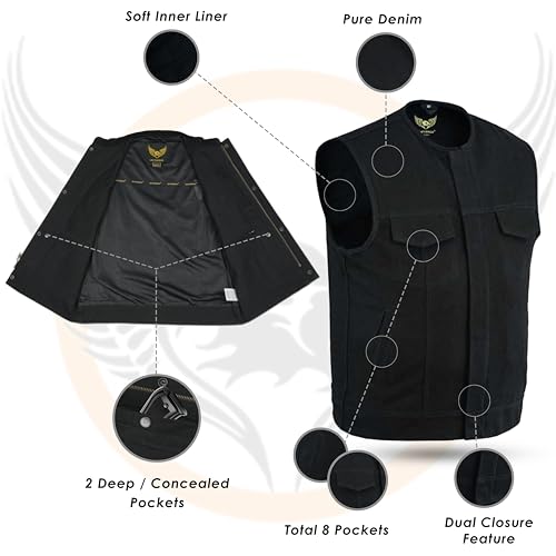 Leatherick Men’s SOA Black Denim Motorcycle Vests Bikers Club Vest with Concealed Carry Pockets (as1, alpha, xx_l, regular, regular, Collarless) - Image 4