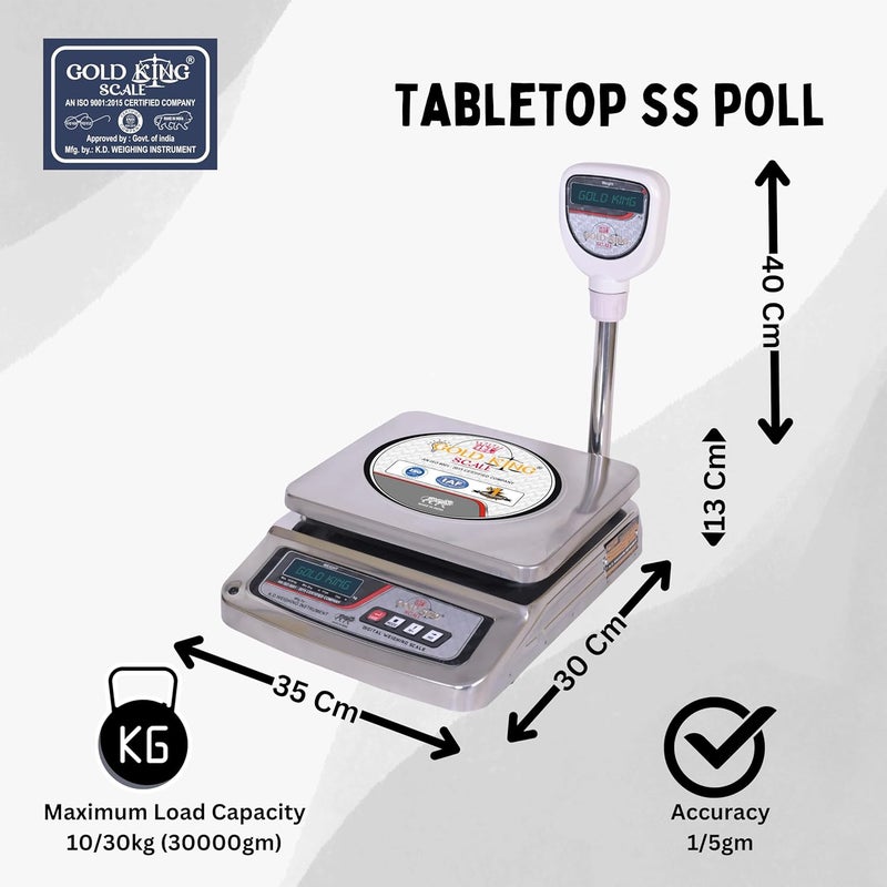 GOLD KING SCALE GOLD KING SCALE 30 Kg Table Top Weight Machine with Poll Display Mainly Used For Domestic Professional Commercial Purpose Factory kirana shop Sweet shop  - Image 2