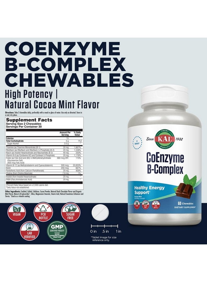 KAL CoEnzyme Vitamin B Complex, Chewable B Vitamins for Healthy Energy, Red Blood Cell and Nerve Function Support w/Vitamin B12, B6, Folic Acid, Natural Cocoa Mint, Vegan, Sugar Free, 30 Serv, 60ct - Image 2