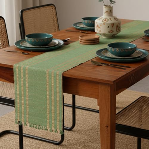 Peepul Tree Handmade Table Runner for 6 Seater| Multipurpose Natural Grass Table Runner for Dining Table, Coffee & Centre Table | Non-Slippery | Heat-Resistant |12" x 72"Inch | Aqua Green & Beige - Image 1