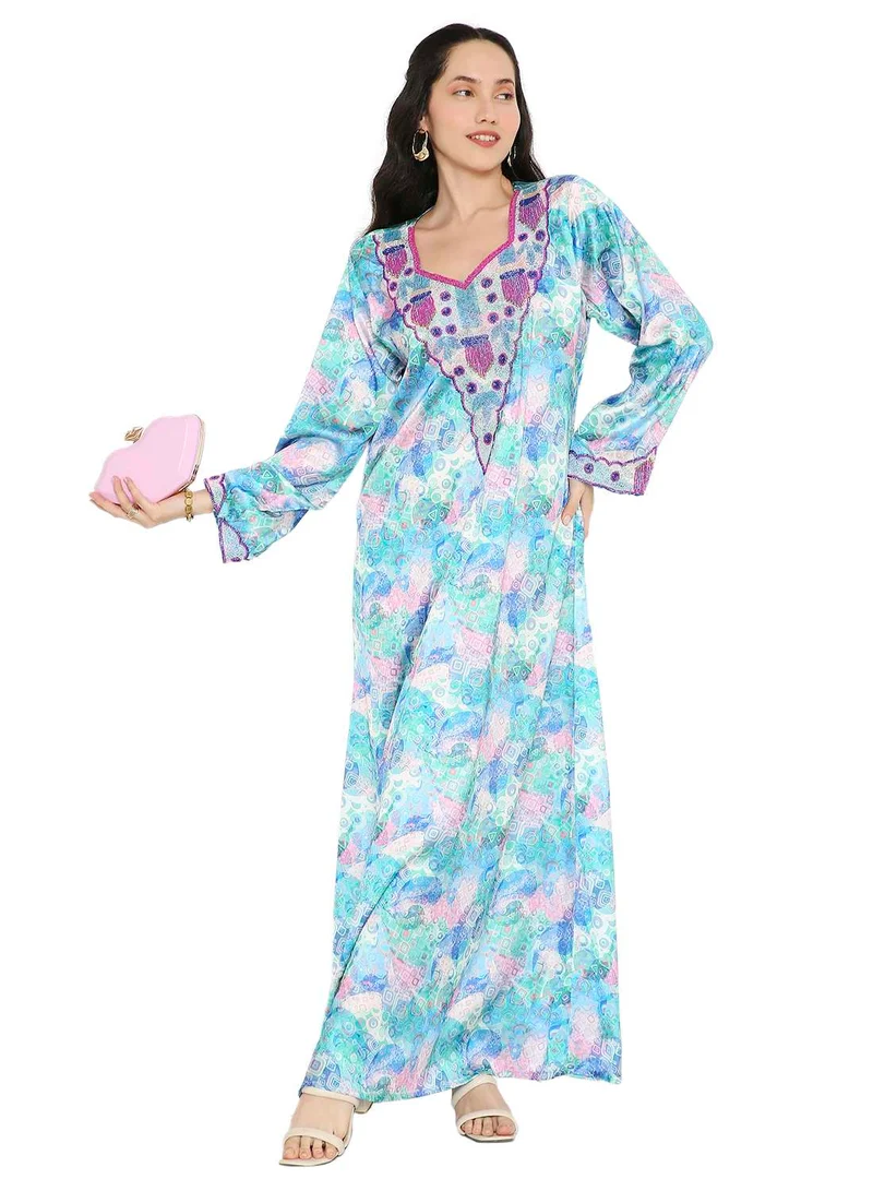 HANA & SARA CREATIVE HAND BEADED LONG MODEST UNIQUE PRINTED ARABIC KAFTAN JALABIYA DRESSES