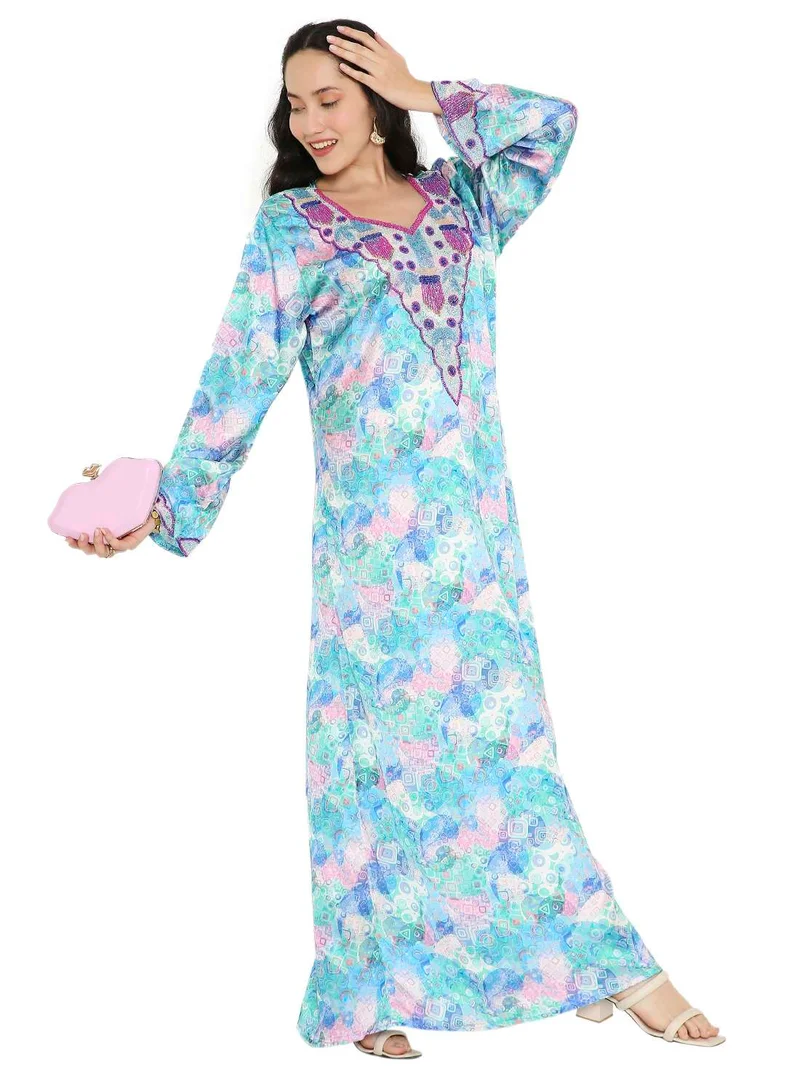HANA & SARA CREATIVE HAND BEADED LONG MODEST UNIQUE PRINTED ARABIC KAFTAN JALABIYA DRESSES