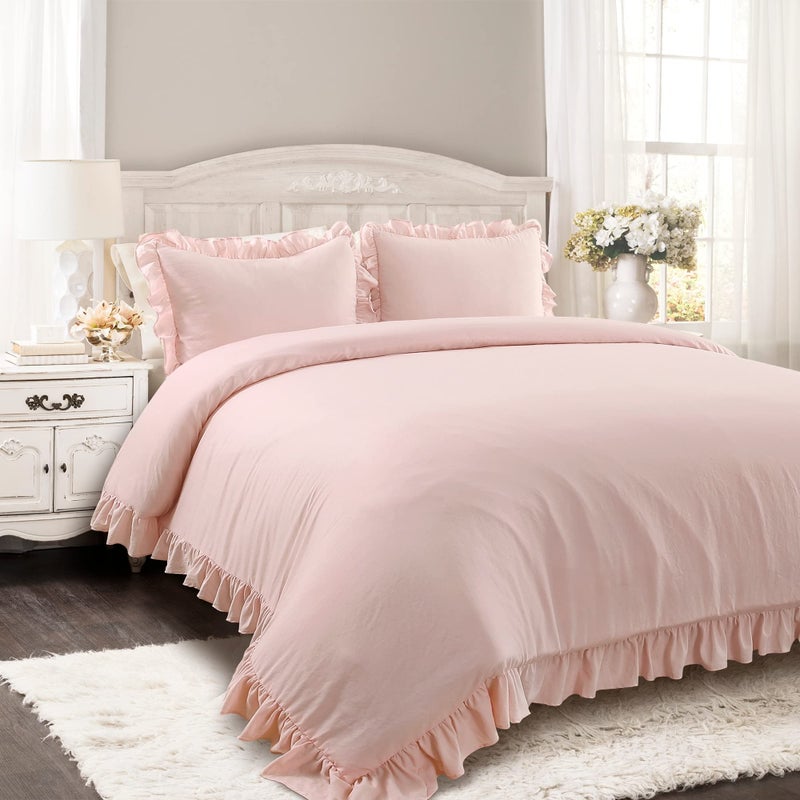 Lush Decor Reyna Ruffle Comforter Set  3 Piece Cozy Ruffled Bedding Set  Timeless Elegance and Comfort for Bedroom  King Blush