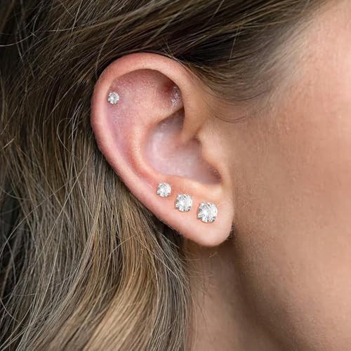 VAMA FASHIONS Elegant 5 Pair 18K Silver Plated White CZ Stone Flat Back Ear Studs Piercing cartilage Hypoallergenic Lightweight Earring Combo Set for Women & Girls - Image 2
