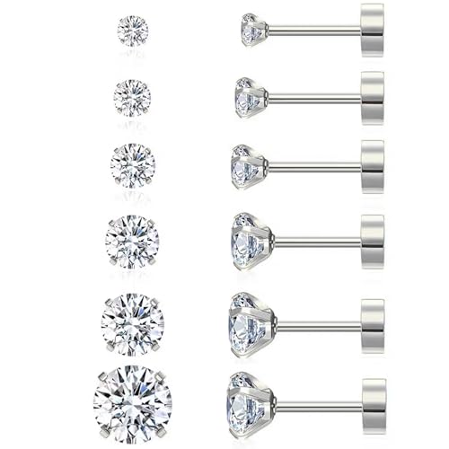 VAMA FASHIONS Elegant 5 Pair 18K Silver Plated White CZ Stone Flat Back Ear Studs Piercing cartilage Hypoallergenic Lightweight Earring Combo Set for Women & Girls - Image 1