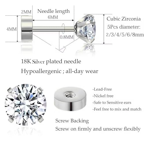 VAMA FASHIONS Elegant 5 Pair 18K Silver Plated White CZ Stone Flat Back Ear Studs Piercing cartilage Hypoallergenic Lightweight Earring Combo Set for Women & Girls - Image 3