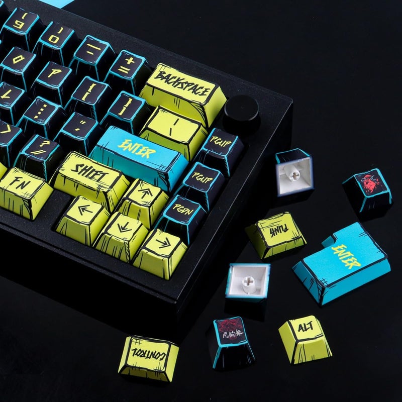 JOMKIZ أغطية المفاتيح JOMKIZ PBT - مجموعة أغطية مفاتيح بتصميم مانغا ياباني، 131 مفتاحًا بتصميم Cherry Profile مطبوع بالصبغة، أغطية مفاتيح بأسلوب بسيط مستوحى من Cyberpunk 2077، مناسبة للوحات المفاتيح الميكانيكية Cherry MX بنسبة 60% و65% و75% و100% - Image 5