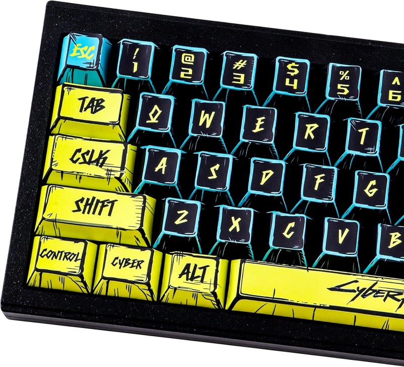 JOMKIZ أغطية المفاتيح JOMKIZ PBT - مجموعة أغطية مفاتيح بتصميم مانغا ياباني، 131 مفتاحًا بتصميم Cherry Profile مطبوع بالصبغة، أغطية مفاتيح بأسلوب بسيط مستوحى من Cyberpunk 2077، مناسبة للوحات المفاتيح الميكانيكية Cherry MX بنسبة 60% و65% و75% و100% - Image 1