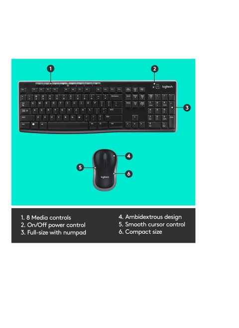 Logitech Mk270 Wireless Keyboard And Mouse Combo For Windows, 2.4 Ghz Wireless, Compact Wireless Mouse, 8 Multimedia And Shortcut Keys, 2-Year Battery Life, Pc/Laptop