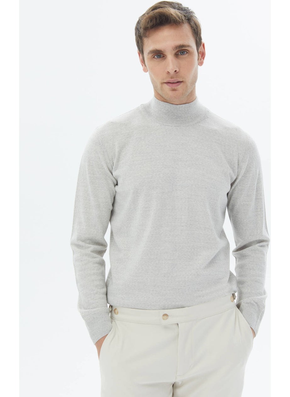 Kip - Light Grey Half Turtleneck Plain Knit Wool Blend Sweater - Image 1