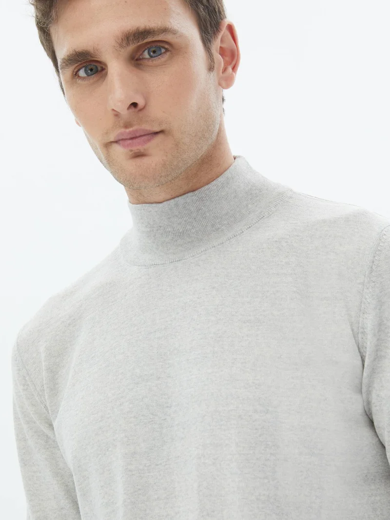 Kip Light Grey Half Turtleneck Plain Knit Wool Blend Sweater