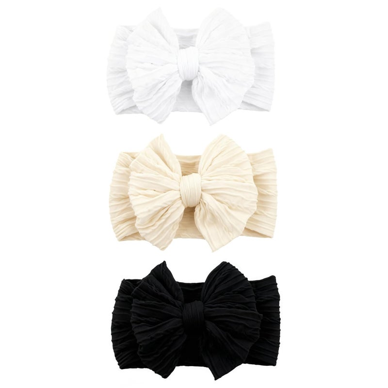 chiduerm 3 Pcs Baby Bows Headbands Soft Nylon Hairbands Super Elastic Headband Hair Accessories For Baby Girls Infant Toddler Essentials (Black Beige White, Mid) - Image 1
