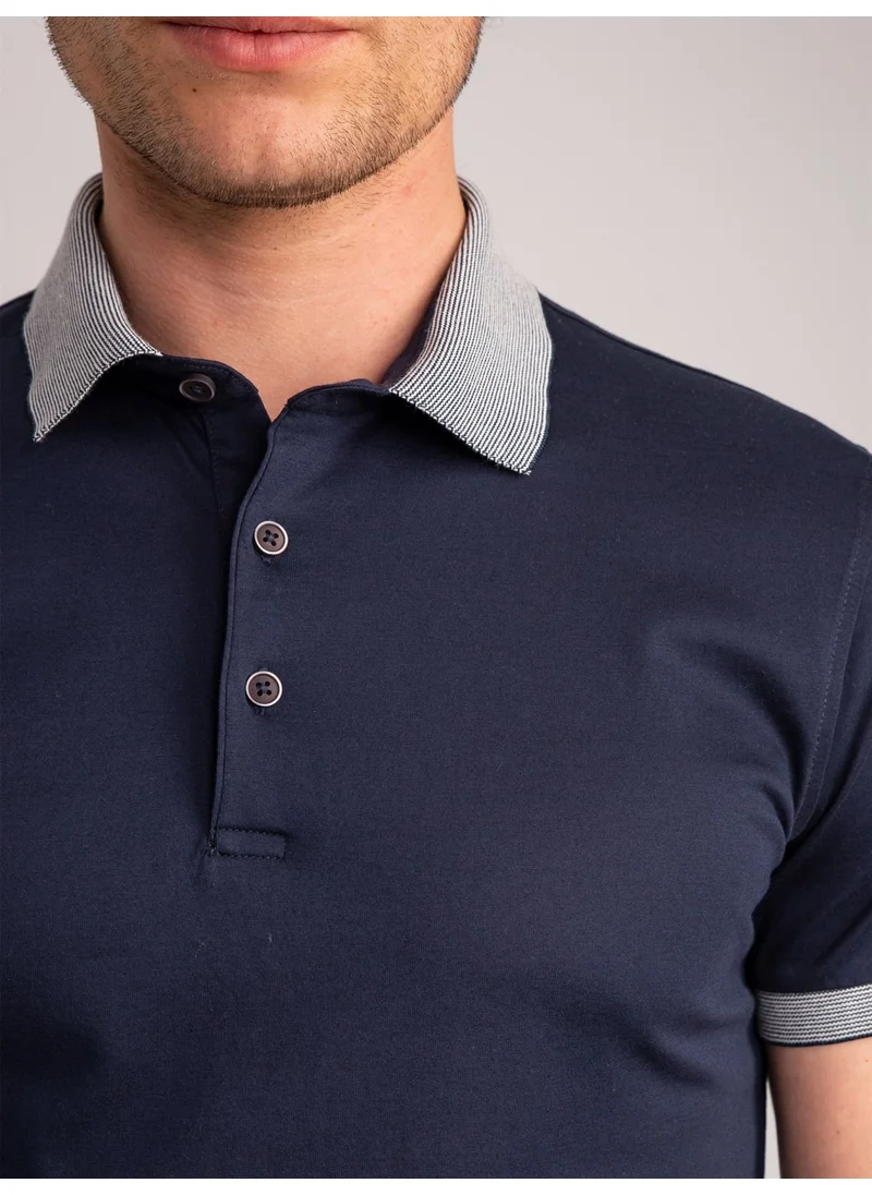 Dufy Navy Blue Men's Slim Fit Polo Neck Tshirt