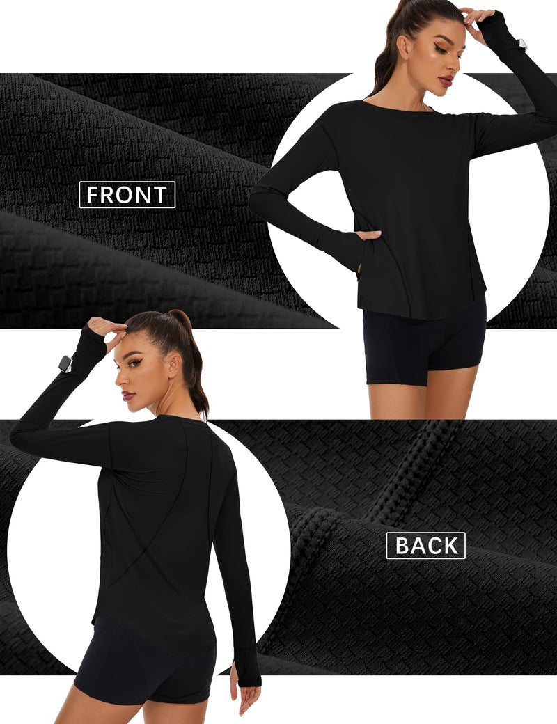Loovoo Long Sleeve Black Shirt for Women Boat Neck Workout Tops Quick Dry Lightweight Sun Shirt with Pocket Soft Yoga Gym Hiking T Shirt Medium - Image 5