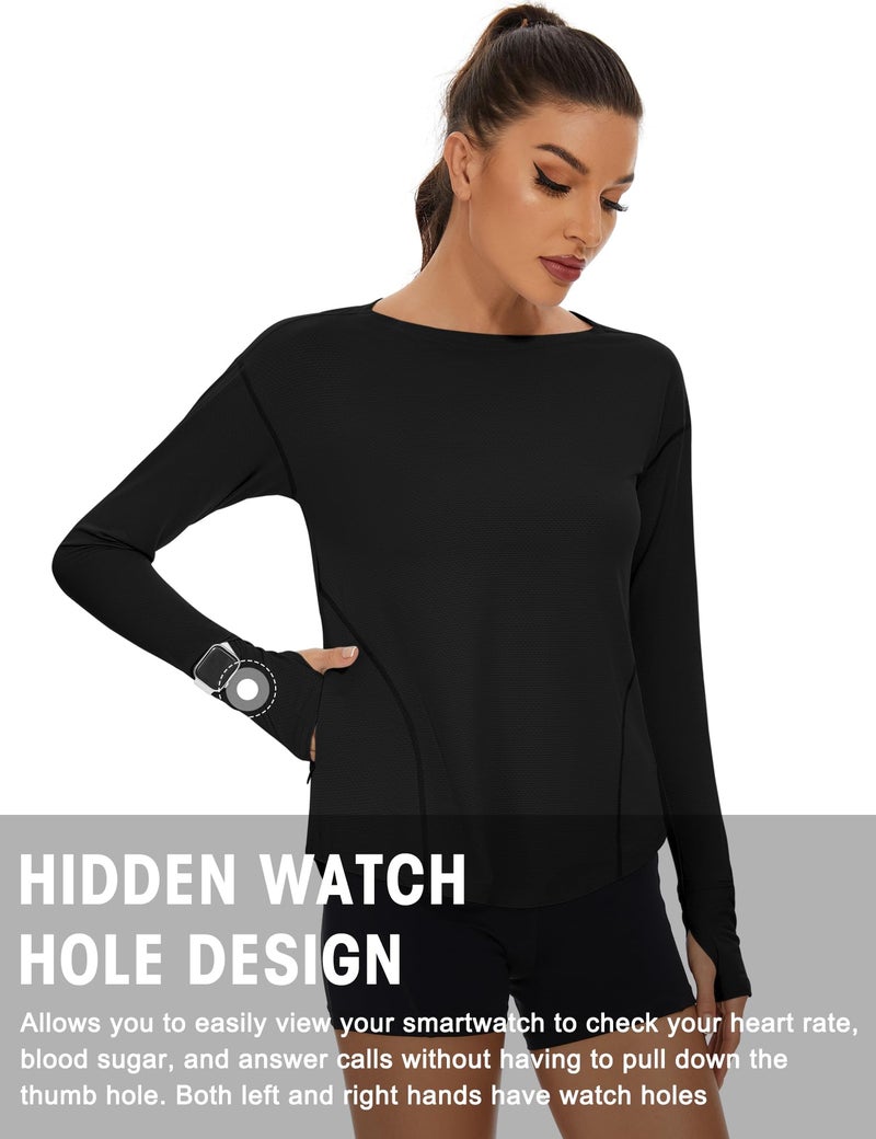 Loovoo Long Sleeve Black Shirt for Women Boat Neck Workout Tops Quick Dry Lightweight Sun Shirt with Pocket Soft Yoga Gym Hiking T Shirt Medium - Image 3
