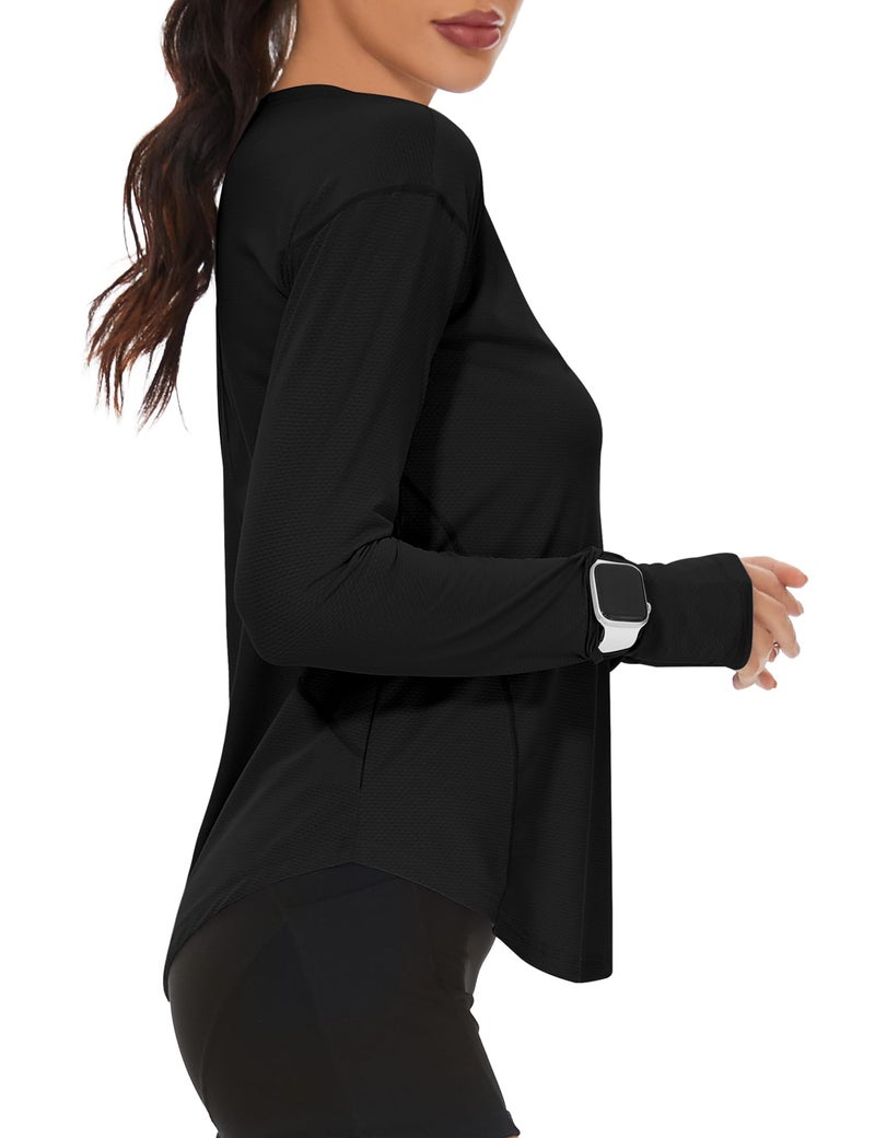 Loovoo Long Sleeve Black Shirt for Women Boat Neck Workout Tops Quick Dry Lightweight Sun Shirt with Pocket Soft Yoga Gym Hiking T Shirt Medium - Image 1