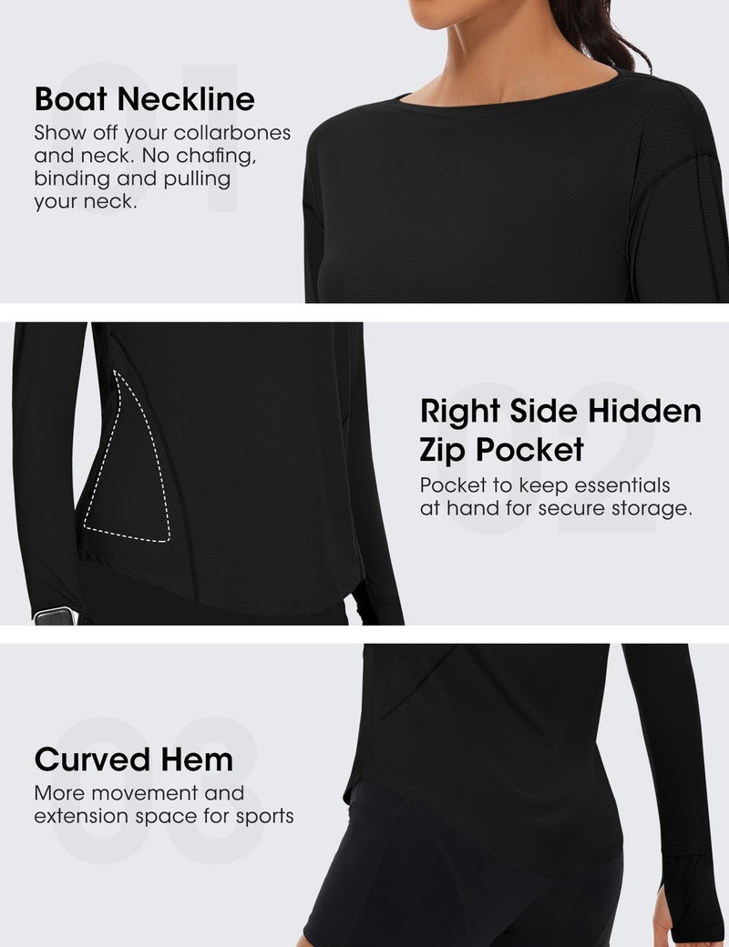 Loovoo Long Sleeve Black Shirt for Women Boat Neck Workout Tops Quick Dry Lightweight Sun Shirt with Pocket Soft Yoga Gym Hiking T Shirt Medium - Image 4