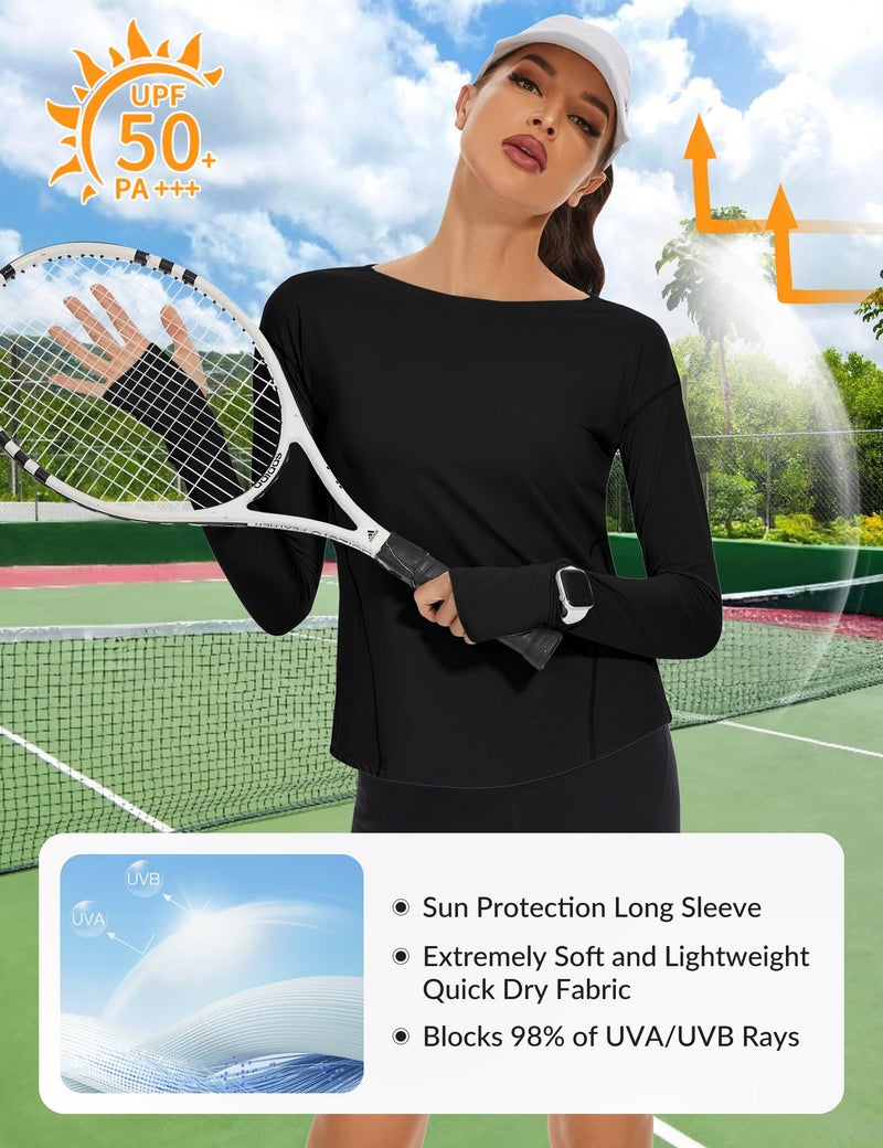 Loovoo Long Sleeve Black Shirt for Women Boat Neck Workout Tops Quick Dry Lightweight Sun Shirt with Pocket Soft Yoga Gym Hiking T Shirt Medium - Image 2