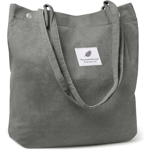 Kawn® Women Corduroy Tote Bag Canvas Shoulder Cord Purse Reusable Shopping Bag Grocery Bag Large Capacity Washable Handbag Girls Shoulder Bag with Inner Pocket For Daily Use Work Travel (Dark Grey) - Image 1
