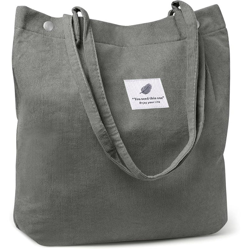 Kawn® Women Corduroy Tote Bag Canvas Shoulder Cord Purse Reusable Shopping Bag Grocery Bag Large Capacity Washable Handbag Girls Shoulder Bag with Inner Pocket For Daily Use Work Travel (Dark Grey) - Image 5