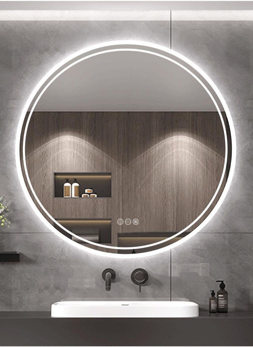 Round Wall Mounted Mirror 80x80cm LED Illuminated Bathroom Mirror Round Dimmable Backlit Lighted Smart Mirror with Double Strips Anti-fog Wall Mounted Vanity Mirror for Shaving 