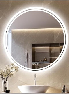 Round Wall Mounted Mirror 80x80cm LED Illuminated Bathroom Mirror Round Dimmable Backlit Lighted Smart Mirror with Double Strips Anti-fog Wall Mounted Vanity Mirror for Shaving
