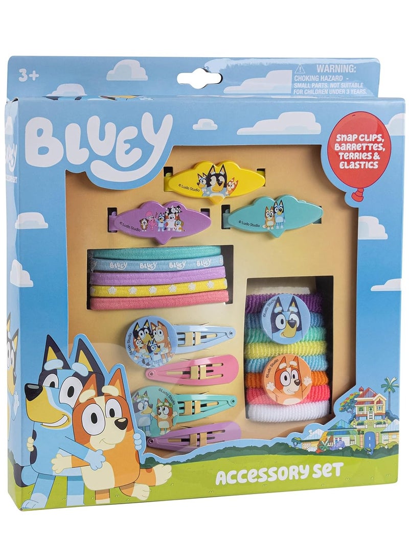 BLUEY Luv Her Bluey Girls 20 Piece Accessory Set with 3 Barrettes, 4 Snap Hair Clips, 5 Elastics and 8 Terry Ponies- Ages 3+  - Image 1