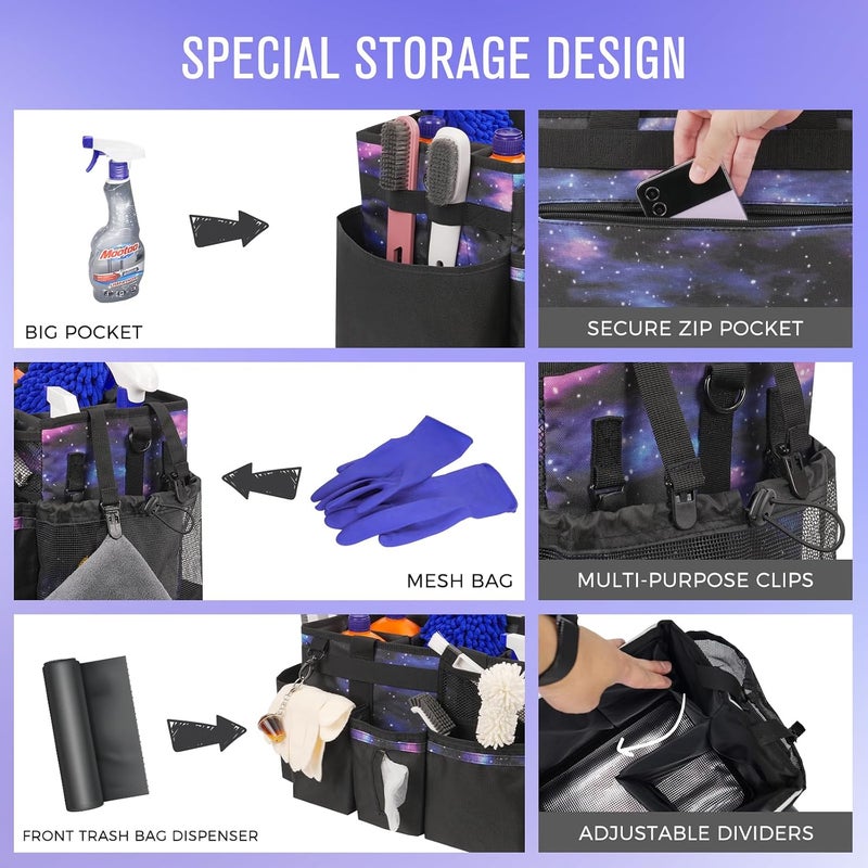 SCAVATA Wearable Cleaning Caddy, Cleaning Caddy Supplies Organizer with Handle & Shoulder Straps for Housekeepers, Under Sink & Car Cleaning Tool Organizers Bag with 4 Foldable Divider (StarrySky) - Image 2