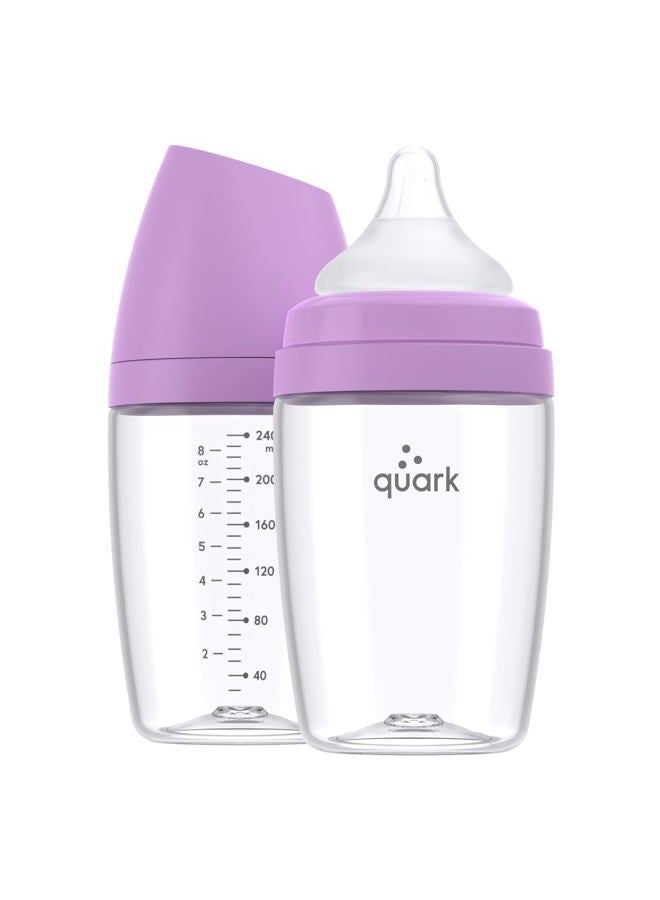 Quark BuubiBottle Max Slow Flow Bottle for Newborn Babies by Quark - with Anti-Colic RealFeel to Simulate Breastfeeding - BPA-Free, PVC-Free, Toxin-Free - 8 Oz Bottle with Lid, 2 Pack - Purple - Image 1