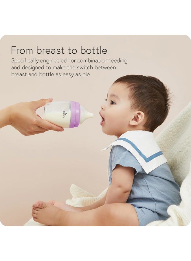 Quark BuubiBottle Max Slow Flow Bottle for Newborn Babies by Quark - with Anti-Colic RealFeel to Simulate Breastfeeding - BPA-Free, PVC-Free, Toxin-Free - 8 Oz Bottle with Lid, 2 Pack - Purple - Image 3