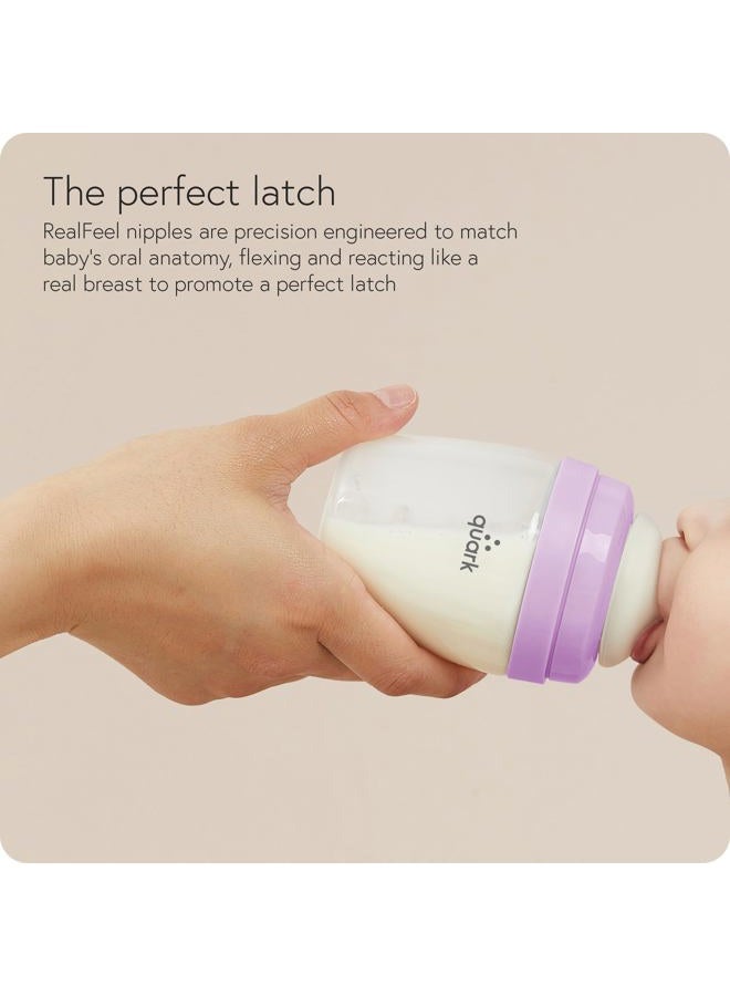 Quark BuubiBottle Max Slow Flow Bottle for Newborn Babies by Quark - with Anti-Colic RealFeel to Simulate Breastfeeding - BPA-Free, PVC-Free, Toxin-Free - 8 Oz Bottle with Lid, 2 Pack - Purple - Image 4