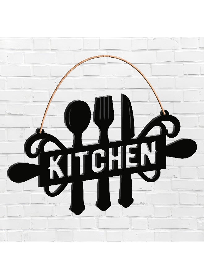 ديكور جداري خشبي عالي الجودة للمطبخ فن جداري للمطبخ بكلمة "KITCHEN" مصنوع من خشب MDF الإسباني، باللون الأسود، بسماكة 6 ملم. يتميز بتصميم ثلاثي الأبعاد عصري وأنيق، مزوّد بشريط لاصق مزدوج الوجه لسهولة التركيب. جاهز للتثبيت فورًا ويمنح مطبخك لمسة فنية راقية. - Image 1