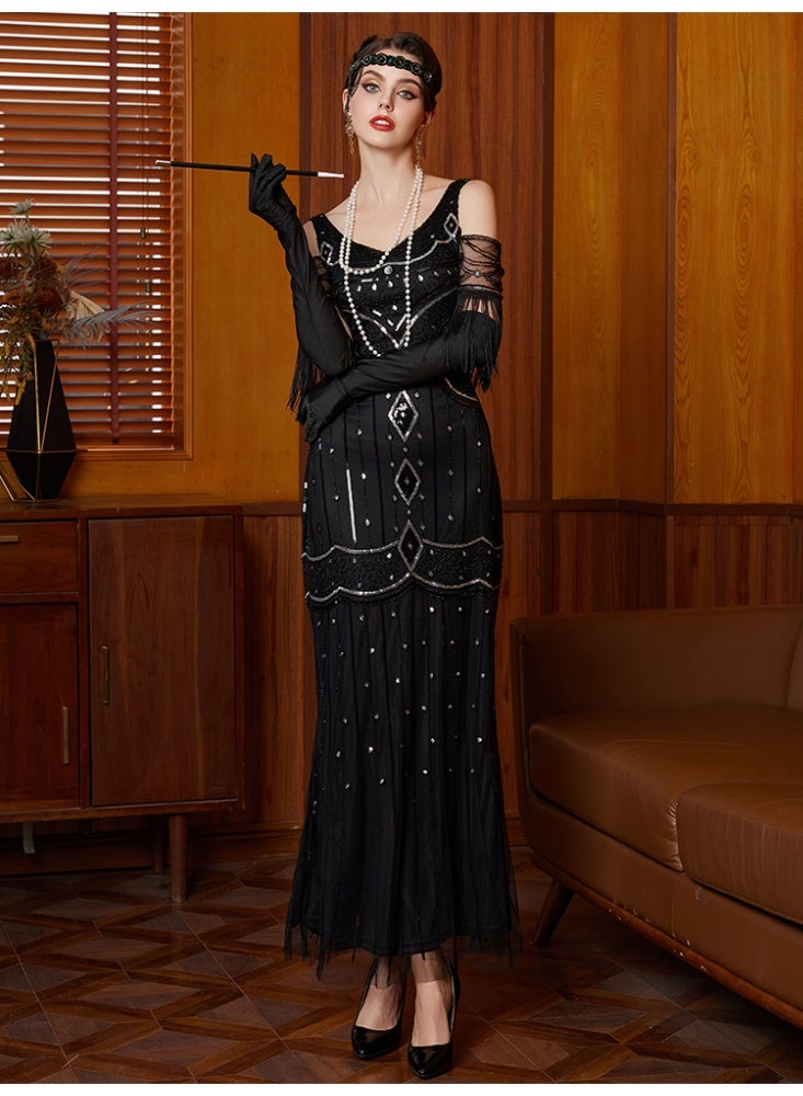 Women 1920s Flapper Great Gatsby Dress Off Shoulder Tassel Mesh Maxi Dress V Neck Beaded Sequin Art Deco Vintage Evening Party Gown - Image 1