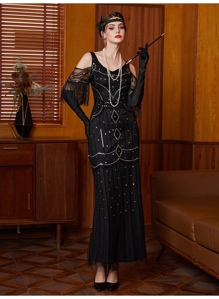 Women 1920s Flapper Great Gatsby Dress Off Shoulder Tassel Mesh Maxi Dress V Neck Beaded Sequin Art Deco Vintage Evening Party Gown - Image 4