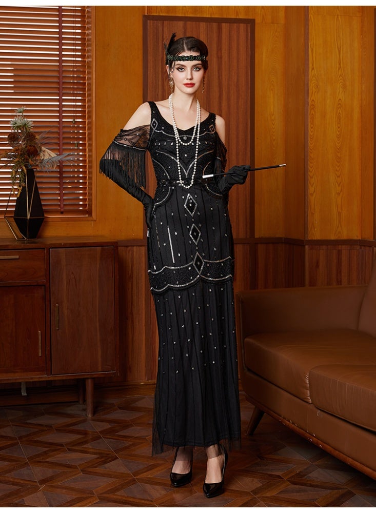 Women 1920s Flapper Great Gatsby Dress Off Shoulder Tassel Mesh Maxi Dress V Neck Beaded Sequin Art Deco Vintage Evening Party Gown - Image 5