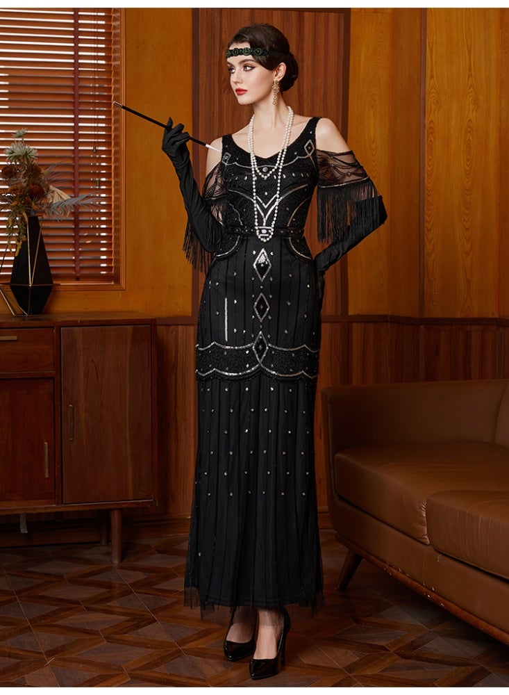 Women 1920s Flapper Great Gatsby Dress Off Shoulder Tassel Mesh Maxi Dress V Neck Beaded Sequin Art Deco Vintage Evening Party Gown - Image 3