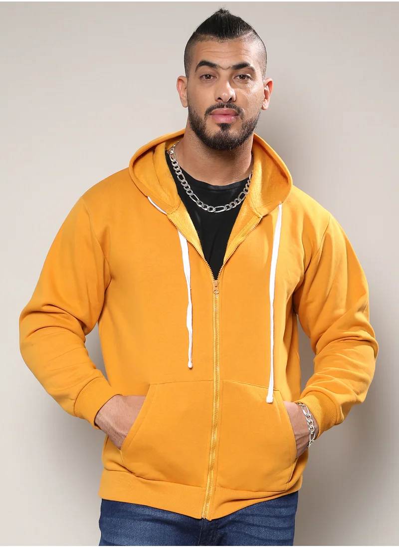 انستافاب بلس Instafab Plus Men's Mustard Yellow Basic Zip-Front Hoodie For Casual Wear | Hooded Neck | Long Sleeve | Zipper Closure | Cotton Sweatshirt Crafted With Comfort Fit For Everyday Wear
