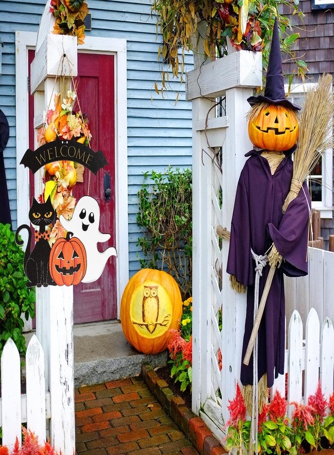 Sophena Halloween Decoration Wooden Ghost Door Wreath for Front Door Sign Wall Signs, Pumpkin Black Cat Happy Halloween Sign Hanging for Home Wall Decor Halloween Party Outdoor indoor Supply - Image 2