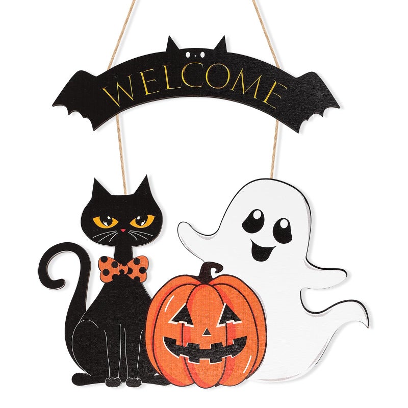 Sophena Halloween Decoration Wooden Ghost Door Wreath for Front Door Sign Wall Signs, Pumpkin Black Cat Happy Halloween Sign Hanging for Home Wall Decor Halloween Party Outdoor indoor Supply - Image 1