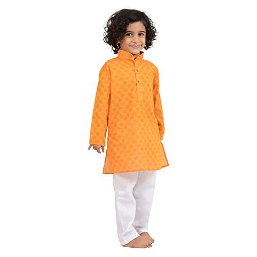 Maharaja Baap Beta Handloom Kurta Pyjama Sets for Men and Boys in Light Orange - Image 3