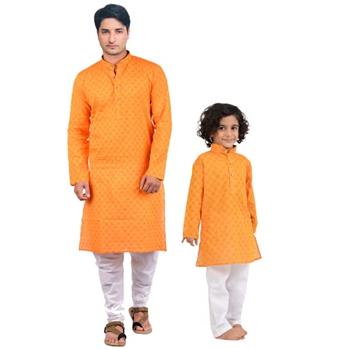 Maharaja Baap Beta Handloom Kurta Pyjama Sets for Men and Boys in Light Orange - Image 1