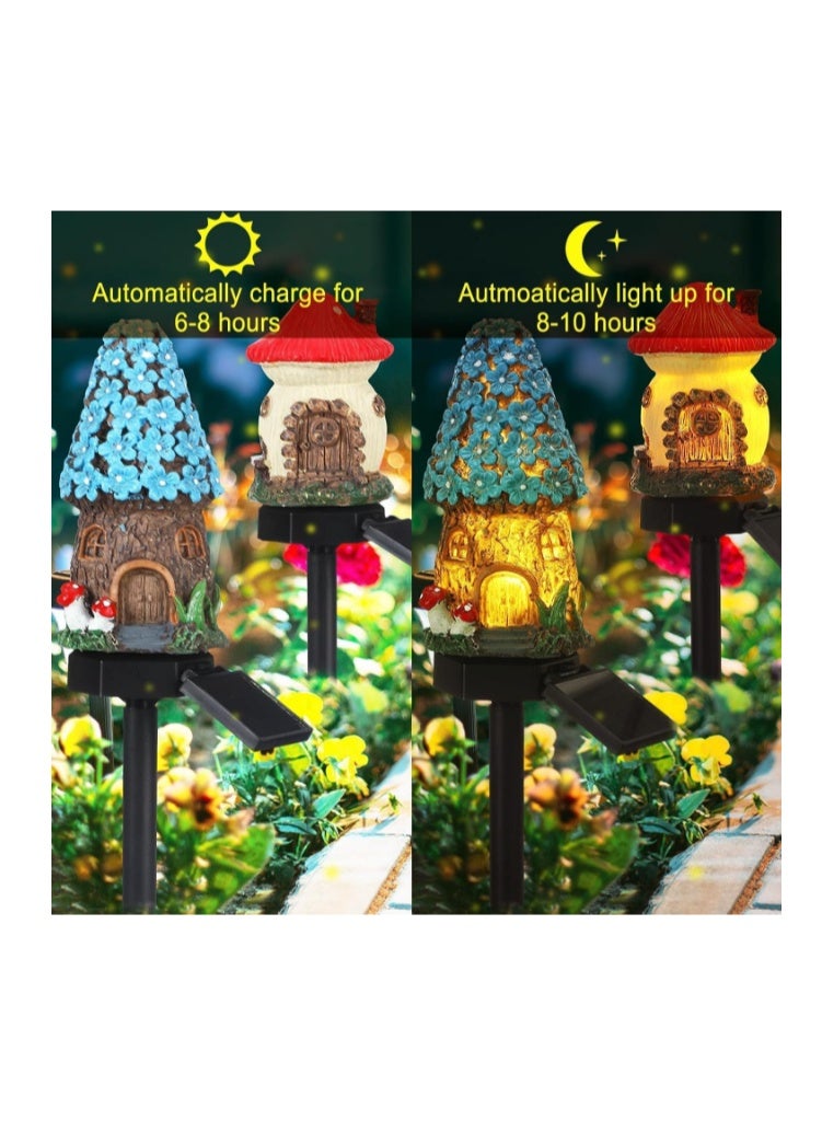 YZYOE 2 Packs of Solar Powered red and Blue Mushroom House Floor Lights, Garden Decoration Resin Cute House Mushroom Lamps, Wireless Dusk to Dawn LED Lights Waterproof. - Image 2