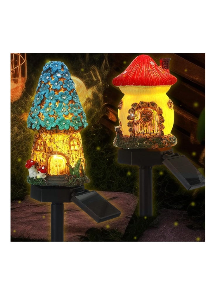 YZYOE 2 Packs of Solar Powered red and Blue Mushroom House Floor Lights, Garden Decoration Resin Cute House Mushroom Lamps, Wireless Dusk to Dawn LED Lights Waterproof. - Image 3