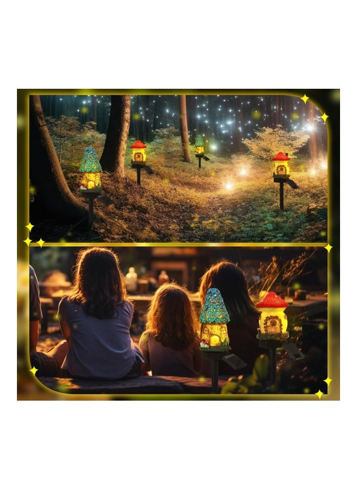 YZYOE 2 Packs of Solar Powered red and Blue Mushroom House Floor Lights, Garden Decoration Resin Cute House Mushroom Lamps, Wireless Dusk to Dawn LED Lights Waterproof. - Image 4