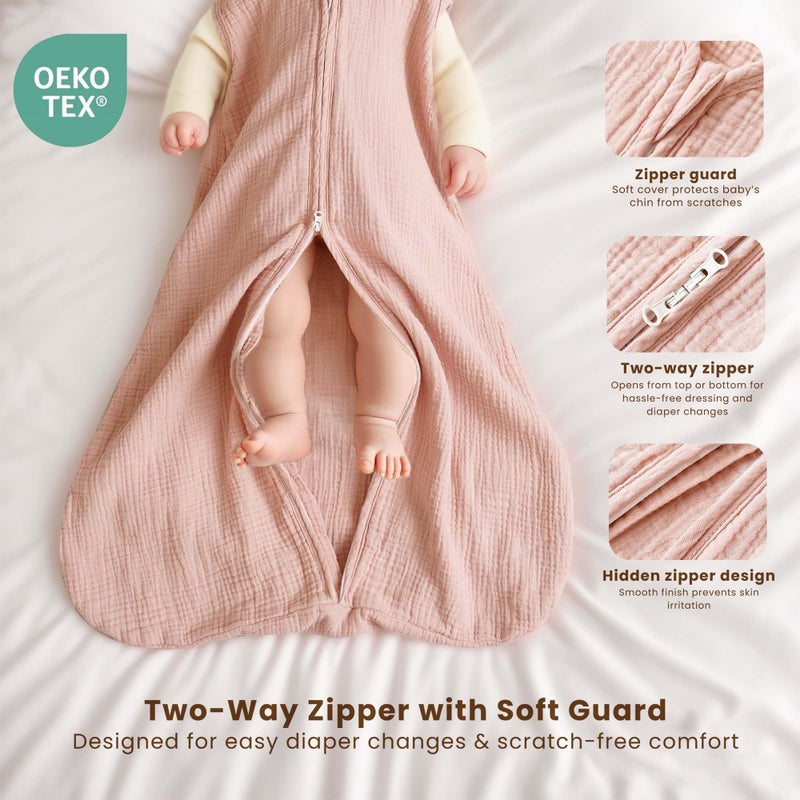 Konssy Muslin Baby Sleep Sack 0-6 Months 0.8 TOG, 2 Pack 100% Cotton Wearable Blanket for Babies, 2-Way Zipper Breathable Sleeping Sack Infant Toddler Essentials for Girls and Boys (Blossom, Pink) - Image 3