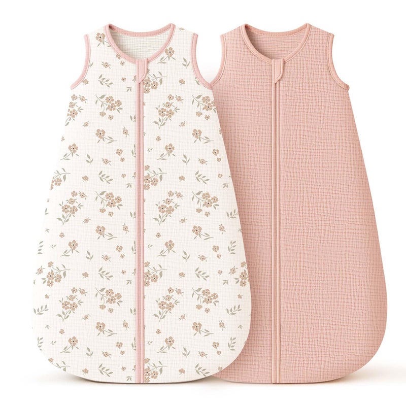 Konssy Muslin Baby Sleep Sack 0-6 Months 0.8 TOG, 2 Pack 100% Cotton Wearable Blanket for Babies, 2-Way Zipper Breathable Sleeping Sack Infant Toddler Essentials for Girls and Boys (Blossom, Pink) - Image 1