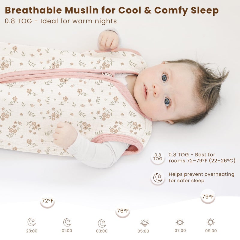 Konssy Muslin Baby Sleep Sack 0-6 Months 0.8 TOG, 2 Pack 100% Cotton Wearable Blanket for Babies, 2-Way Zipper Breathable Sleeping Sack Infant Toddler Essentials for Girls and Boys (Blossom, Pink) - Image 4